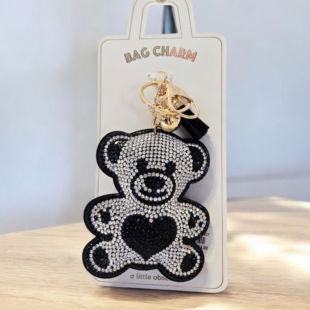 NEW Black and Silver Teddy Bear Bag Charm / Keychain 6 Inches New With Tags